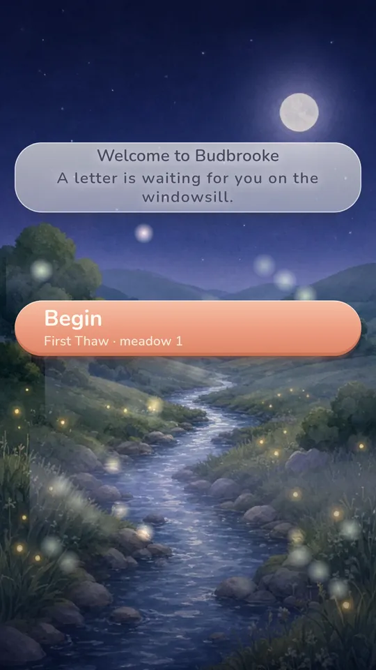 Budbrooke title screen: a moonlit brook